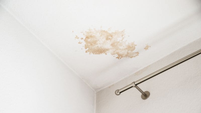 Water stain on a white ceiling, indicating possible roof damage.